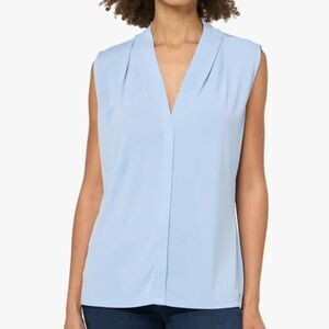 Calvin Klein M Blue Sleeveless V-Neck Pleated Shell Blouse Top Career Workwear